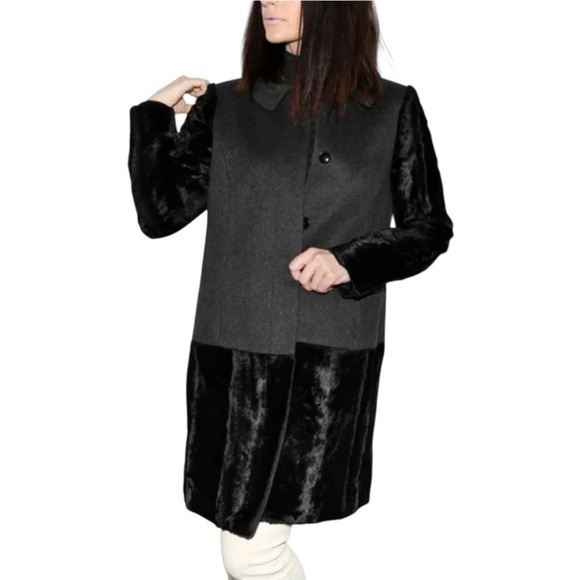Vintage TIBI New York anthracite wool and faux fur color block pea coat women 4 - Picture 1 of 11